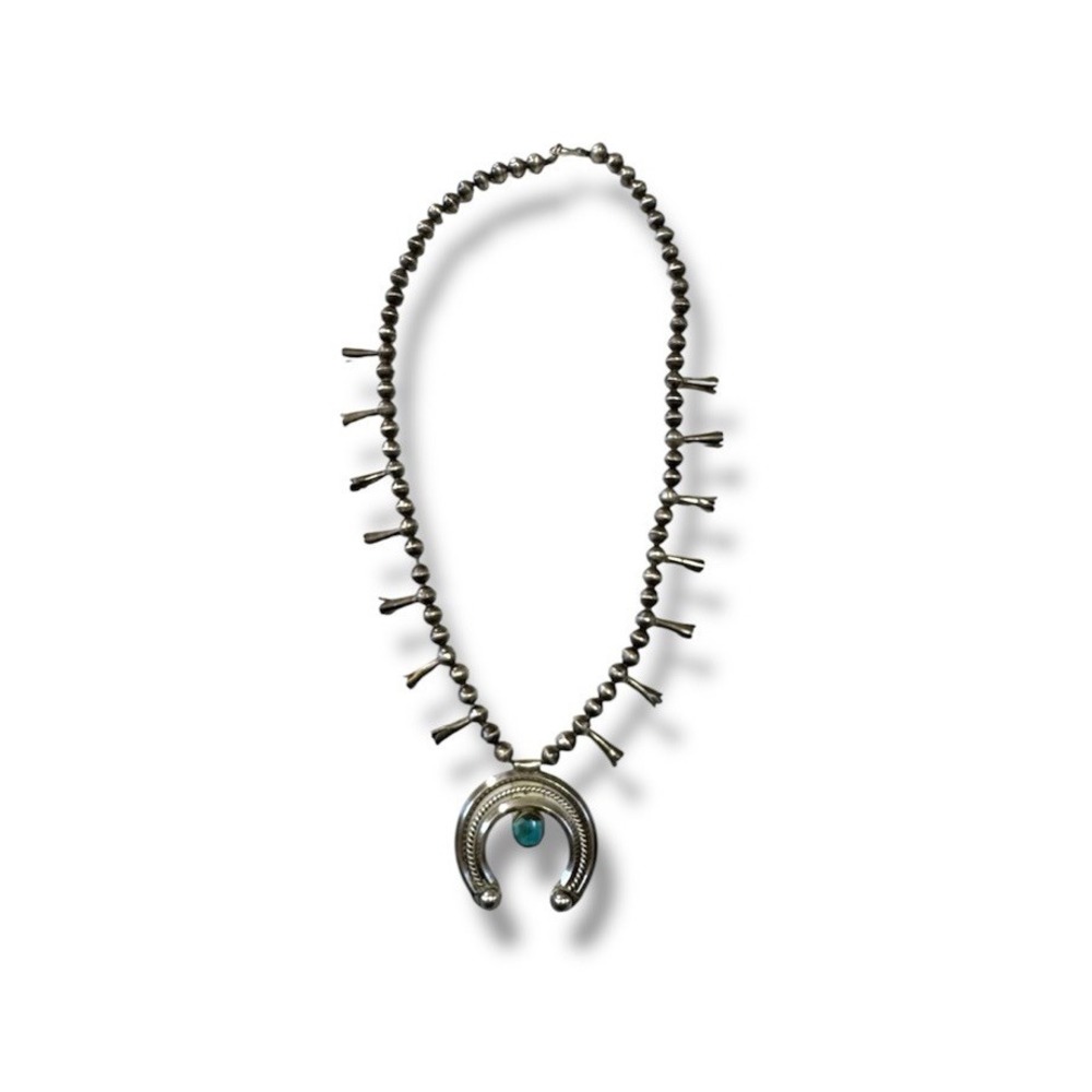 Native American Navajo Turquoise & Sterling VTG Squash Blossom Fred Harvey Style